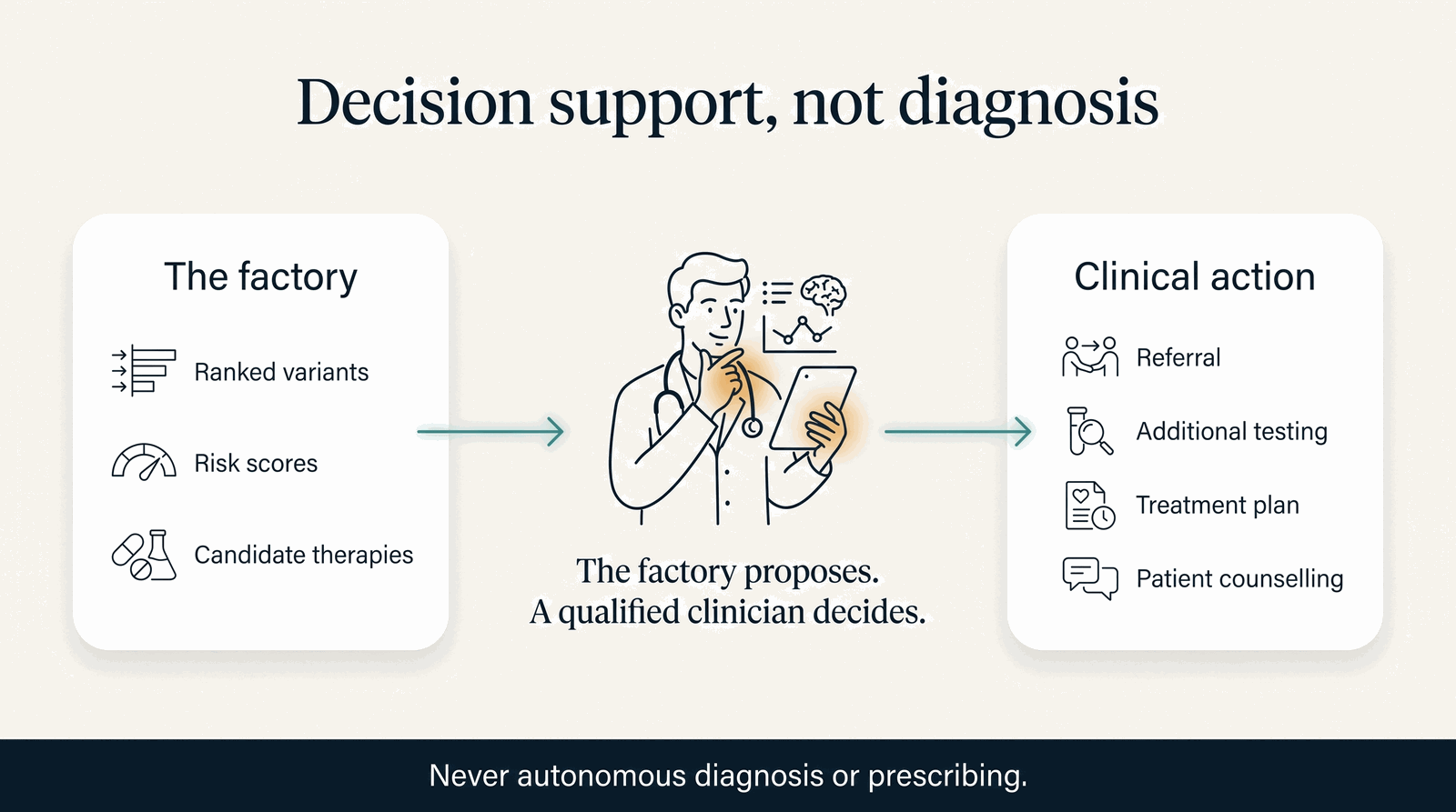 Decision support, not diagnosis — the factory proposes, a qualified clinician decides