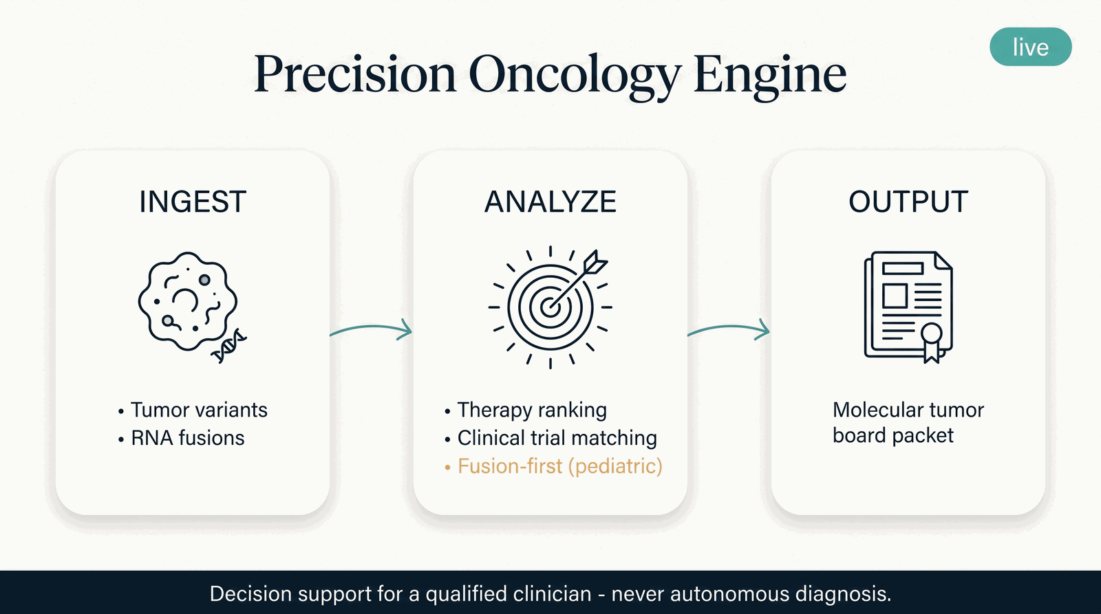 Precision Oncology Engine — what it takes in, what it computes, what it returns