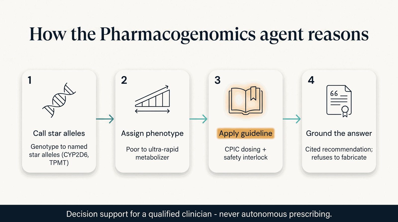How the Pharmacogenomics agent reasons — genotype to star allele to phenotype to CPIC dose