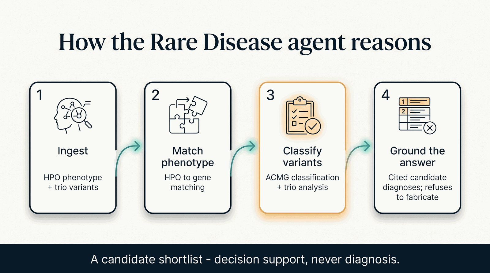 How the Rare Disease agent reasons — HPO phenotype and trio variants to ranked diagnoses