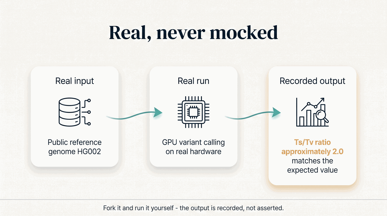 Real, never mocked — real public input, real run on real hardware, recorded output
