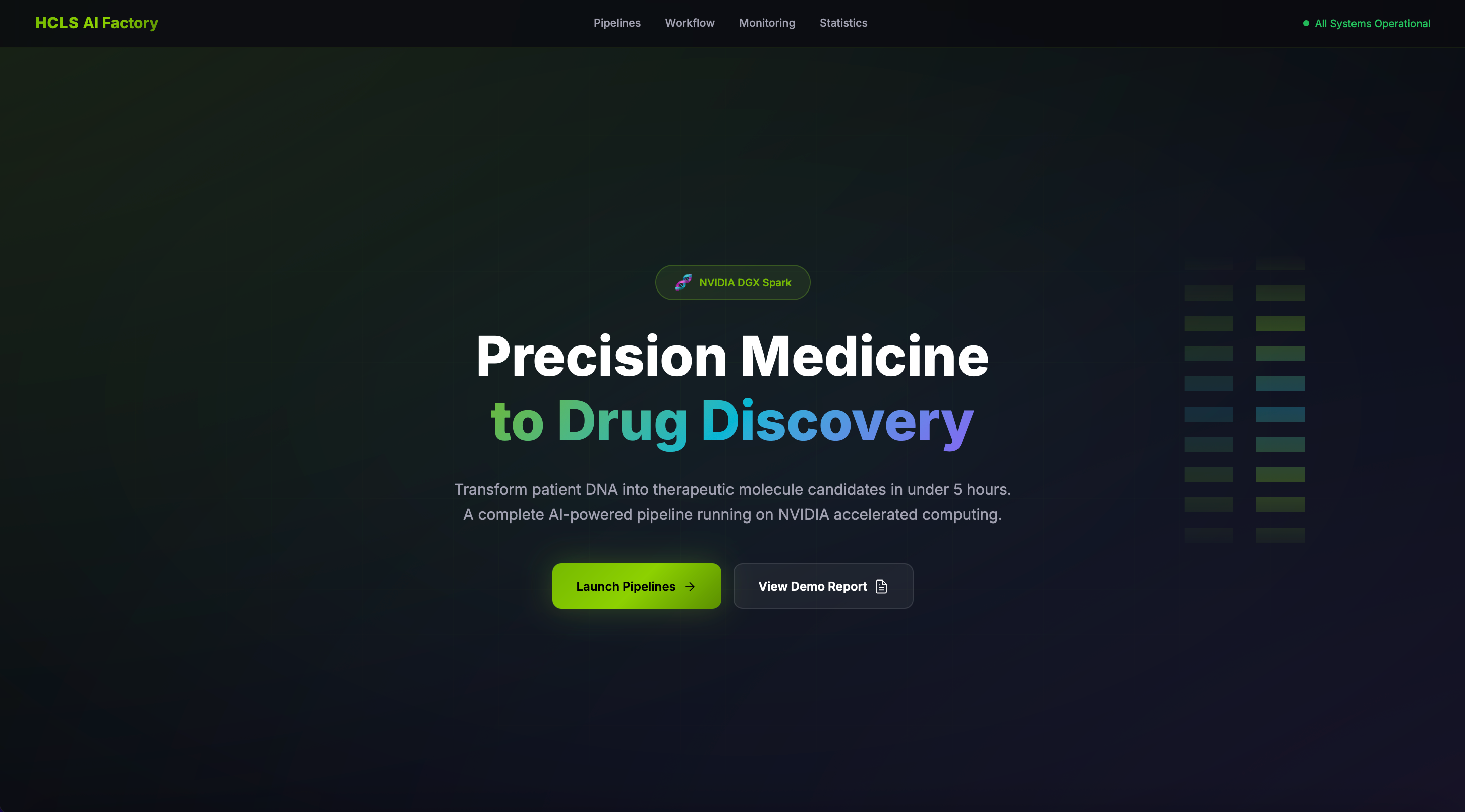 HCLS AI Factory landing page showing all services operational